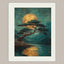 Japanese Golden Moon Wall Art Print, Teal Pine Tree Landscape, Moody Luxury Decor Artwork