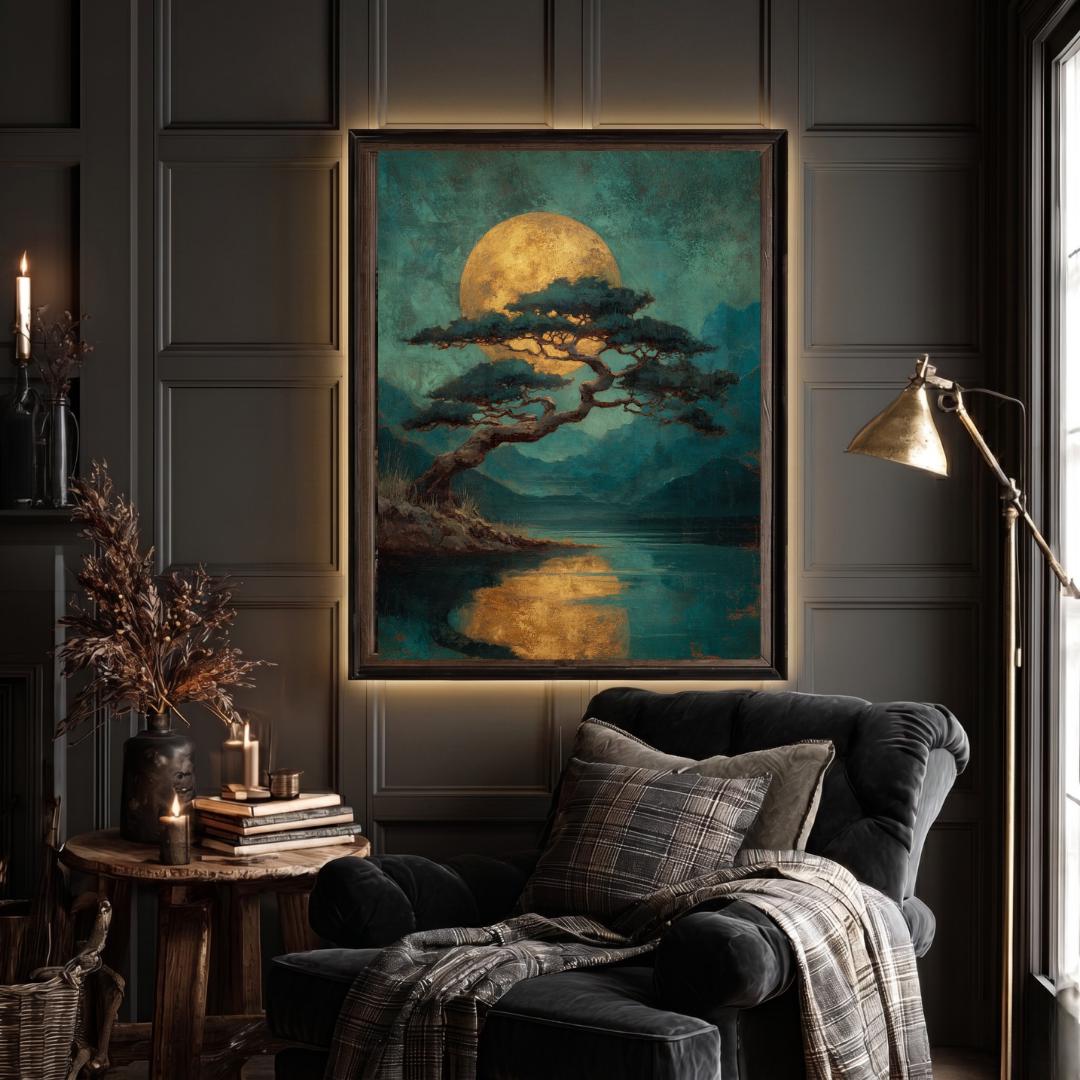 Japanese Golden Moon Wall Art Print, Teal Pine Tree Landscape, Moody Luxury Decor Artwork
