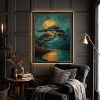 Japanese Golden Moon Wall Art Print, Teal Pine Tree Landscape, Moody Luxury Decor Artwork