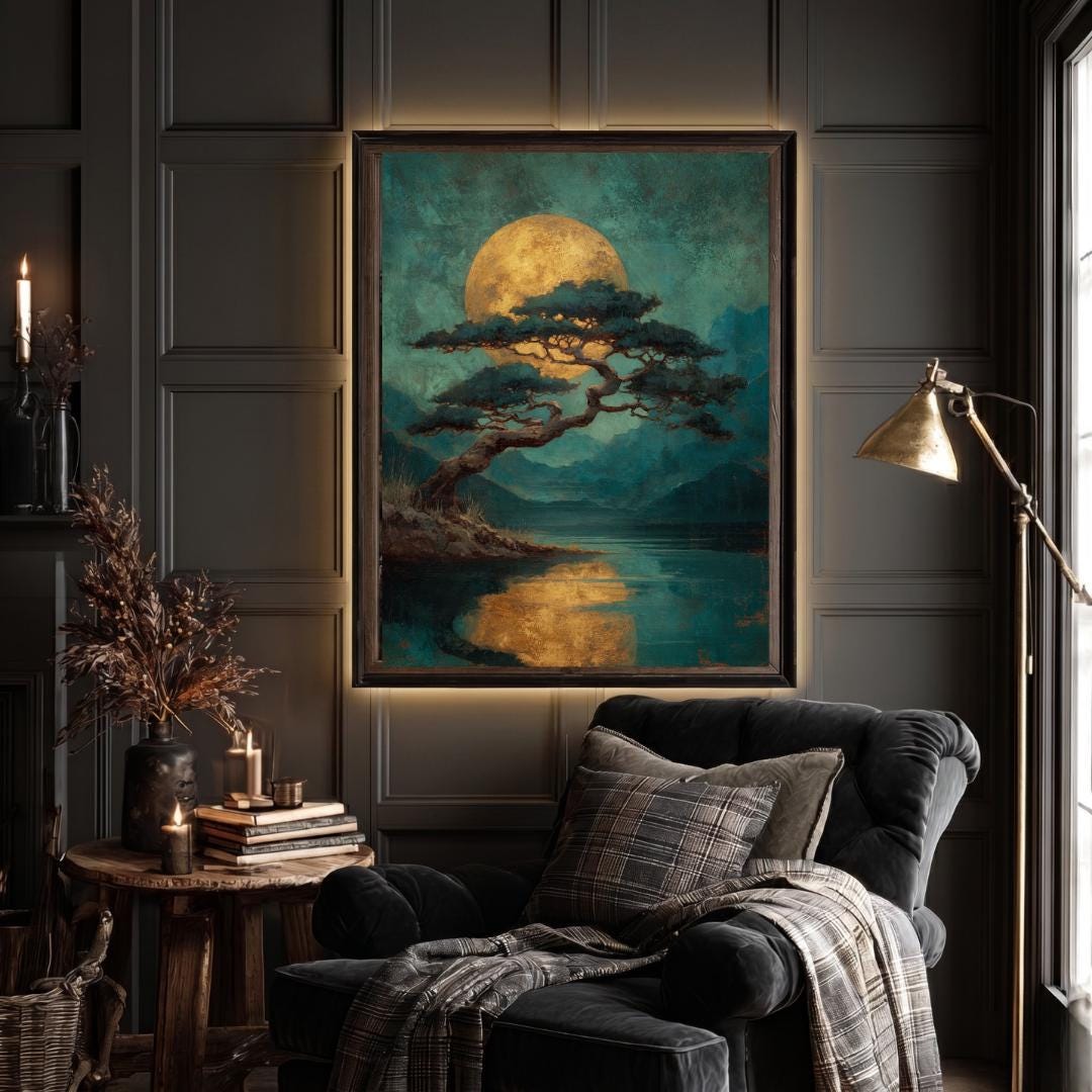 Japanese Golden Moon Wall Art Print, Teal Pine Tree Landscape, Moody Luxury Decor Artwork