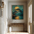 Japanese Golden Moon Wall Art Print, Teal Pine Tree Landscape, Moody Luxury Decor Artwork