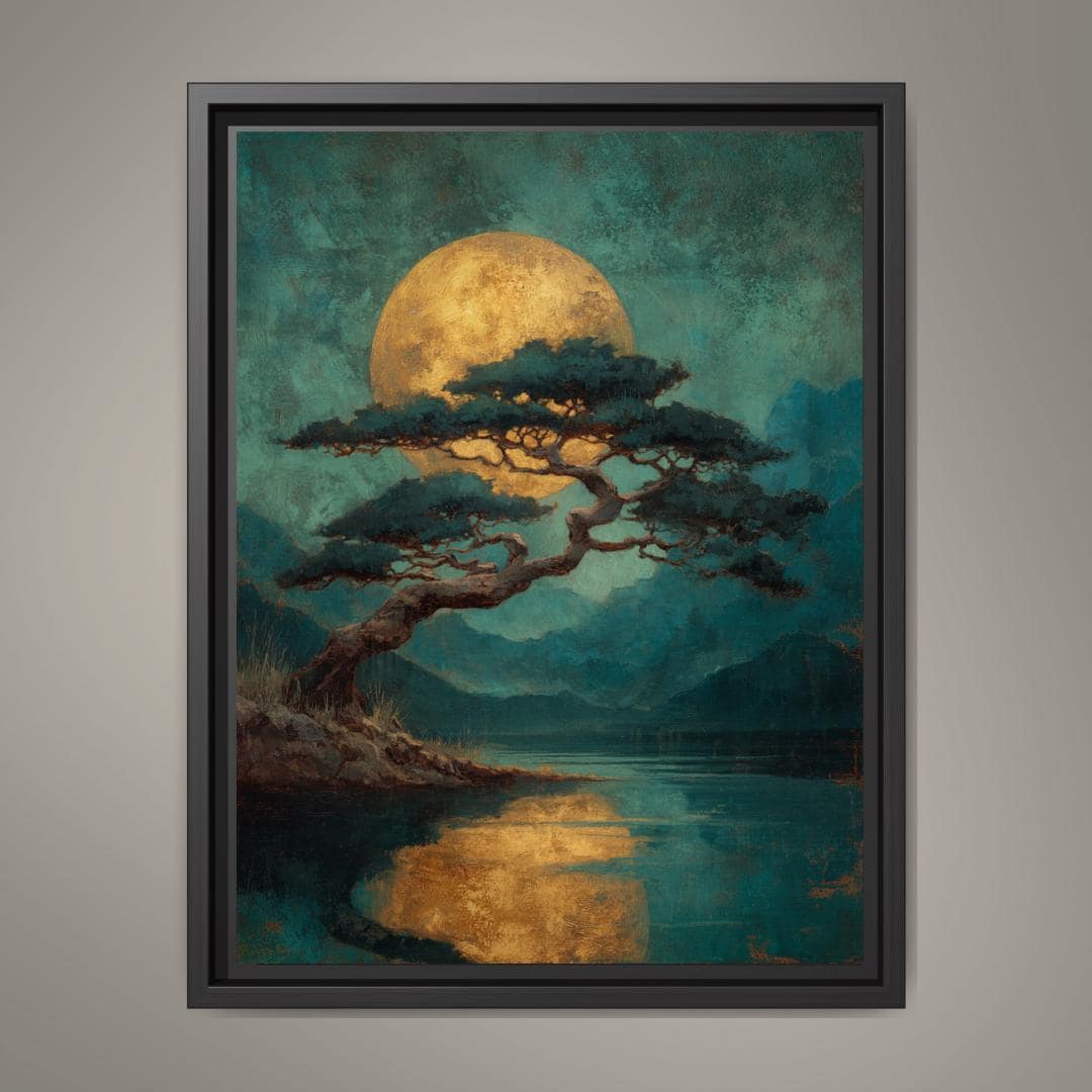Japanese Golden Moon Wall Art Print, Teal Pine Tree Landscape, Moody Luxury Decor Artwork