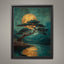 Japanese Golden Moon Wall Art Print, Teal Pine Tree Landscape, Moody Luxury Decor Artwork