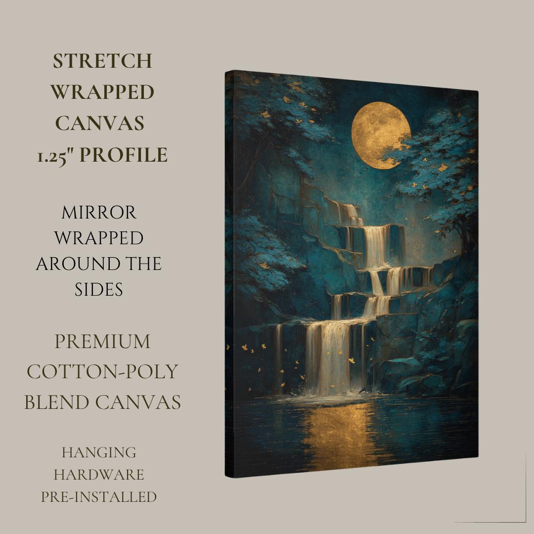 Teal Gold Moon Waterfall Wall Art, Moody Landscape Print, Luxury Dark Academia Decor Artwork