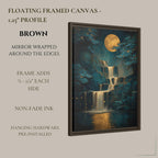 Teal Gold Moon Waterfall Wall Art, Moody Landscape Print, Luxury Dark Academia Decor Artwork