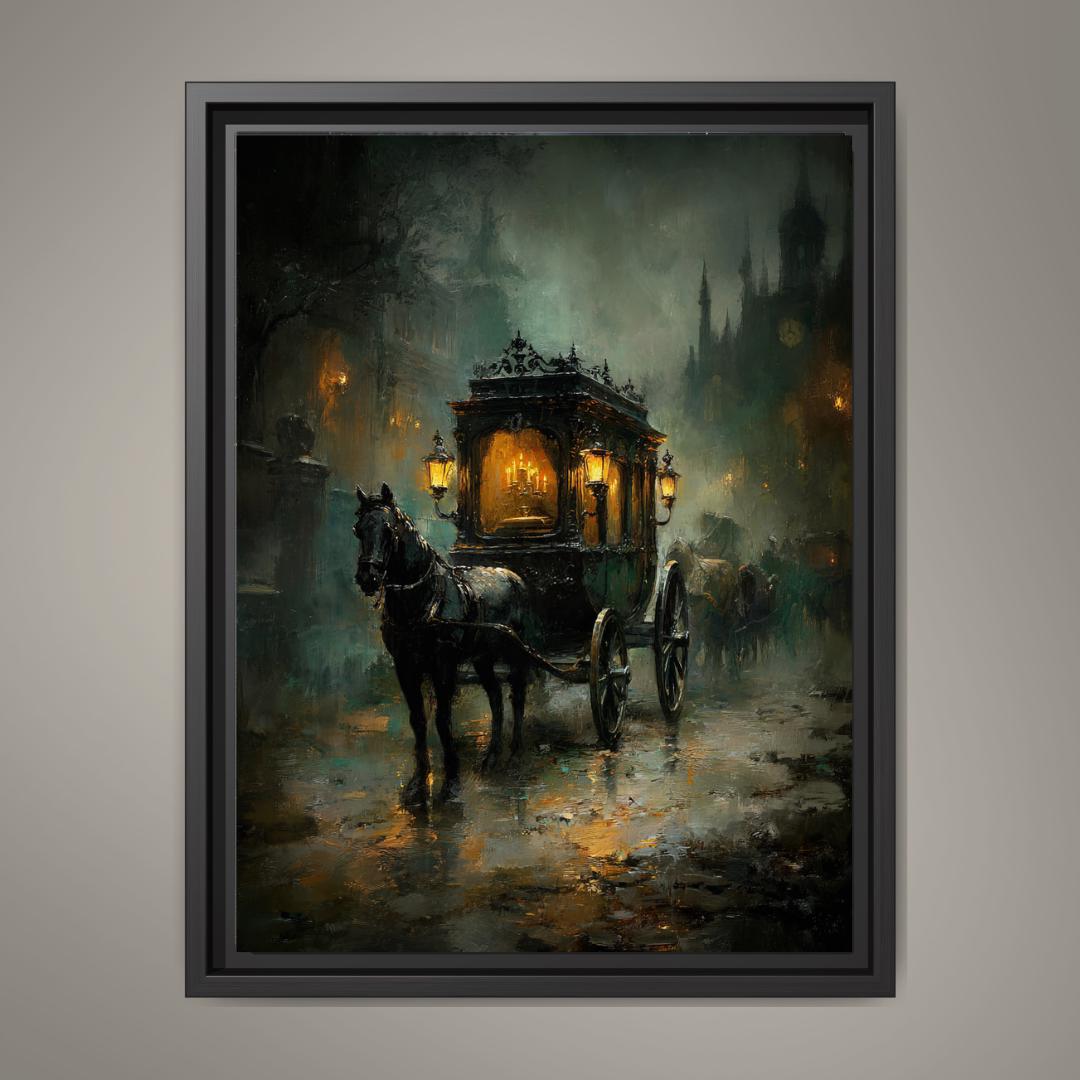 Victorian Funeral Hearse Art Print Horse Drawn Carriage Artwork, Vintage London Streets, Moody Decor Main image