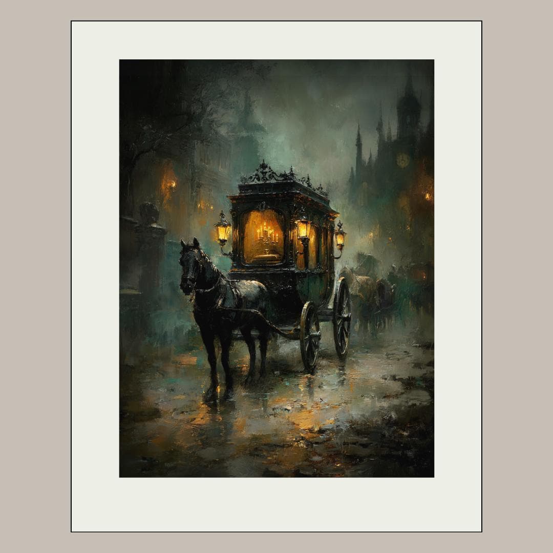 Victorian Funeral Hearse Art Print Horse Drawn Carriage Artwork, Vintage London Streets, Moody Decor Secondary image