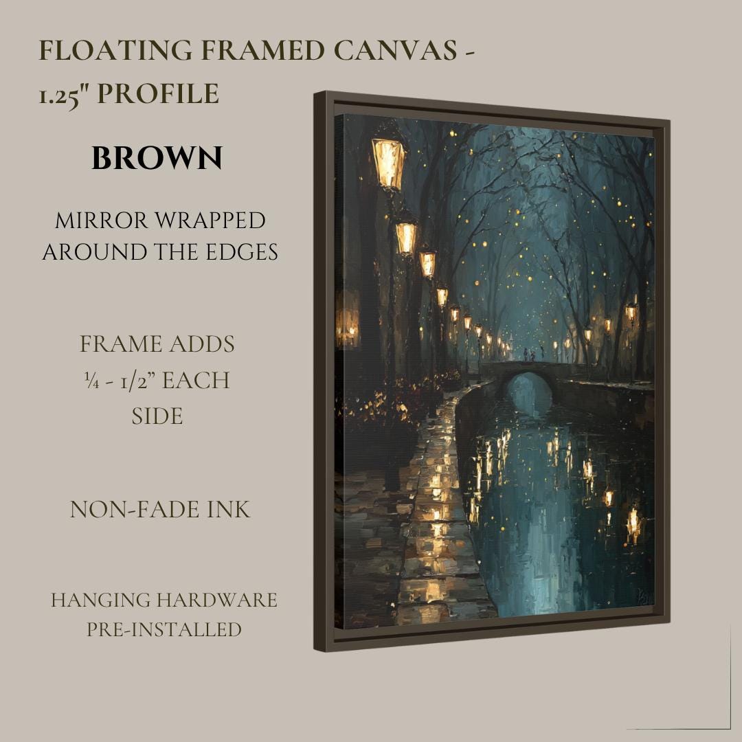 Teal Canal Tow Path Nighttime Scene Print Golden Lampposts Oil Painting Style Water Reflections