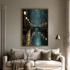 Teal Canal Tow Path Nighttime Scene Print Golden Lampposts Oil Painting Style Water Reflections