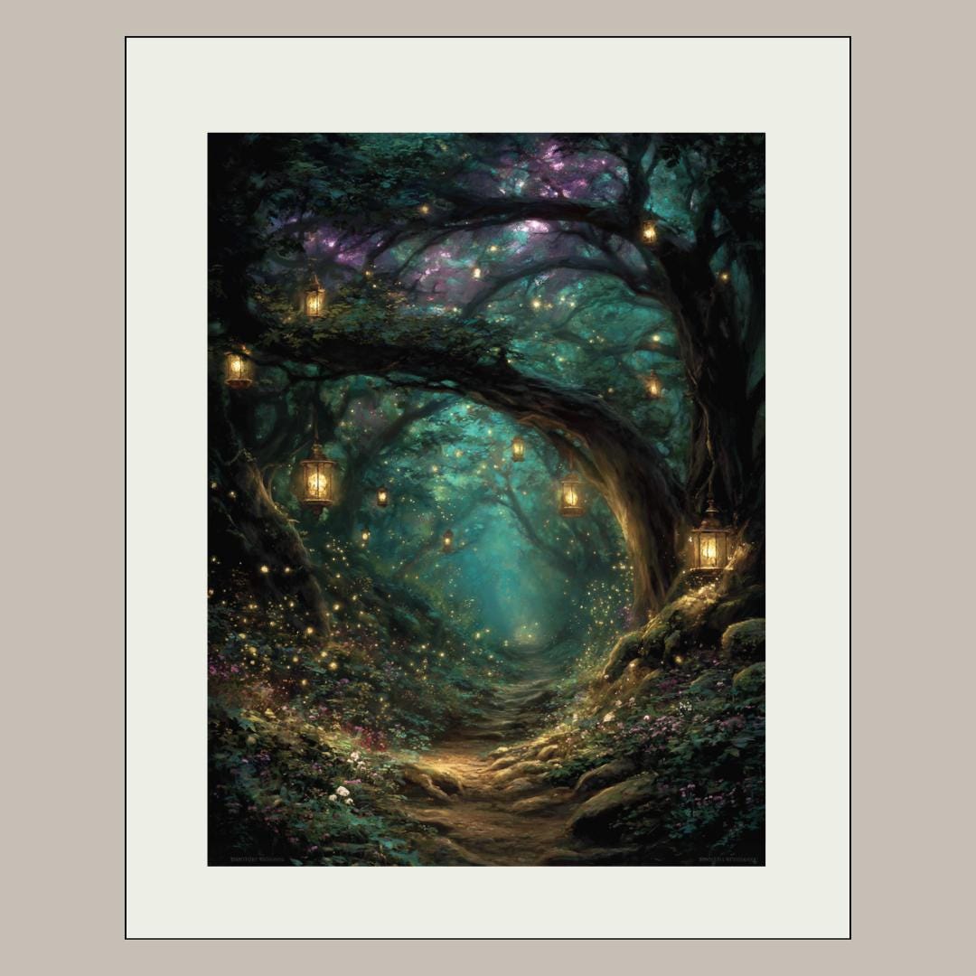 Enchanted Forest Wall Art Print, Teal Fairy Lantern Woodland Decor, Magical Dark Academia Artwork