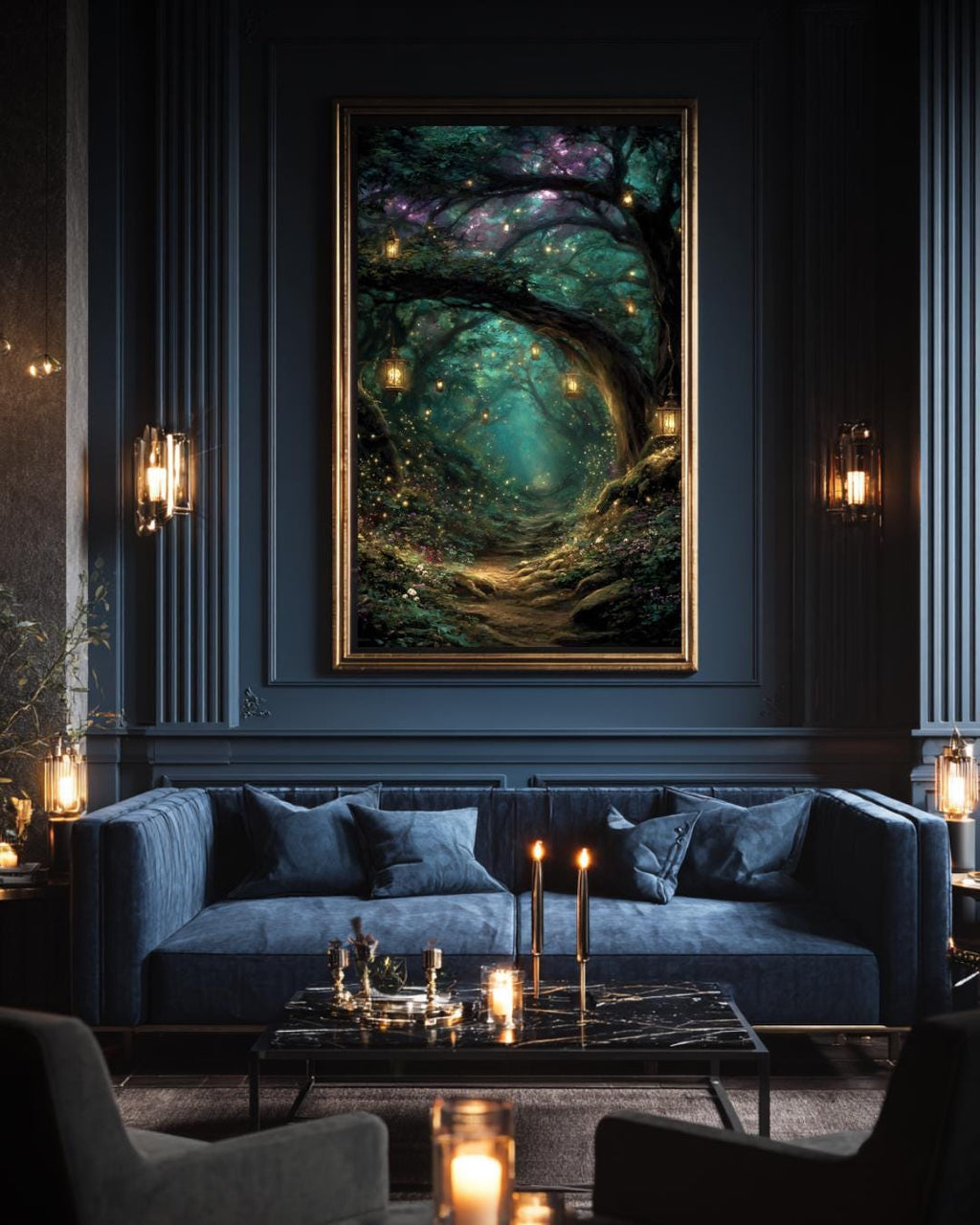 Enchanted Forest Wall Art Print, Teal Fairy Lantern Woodland Decor, Magical Dark Academia Artwork
