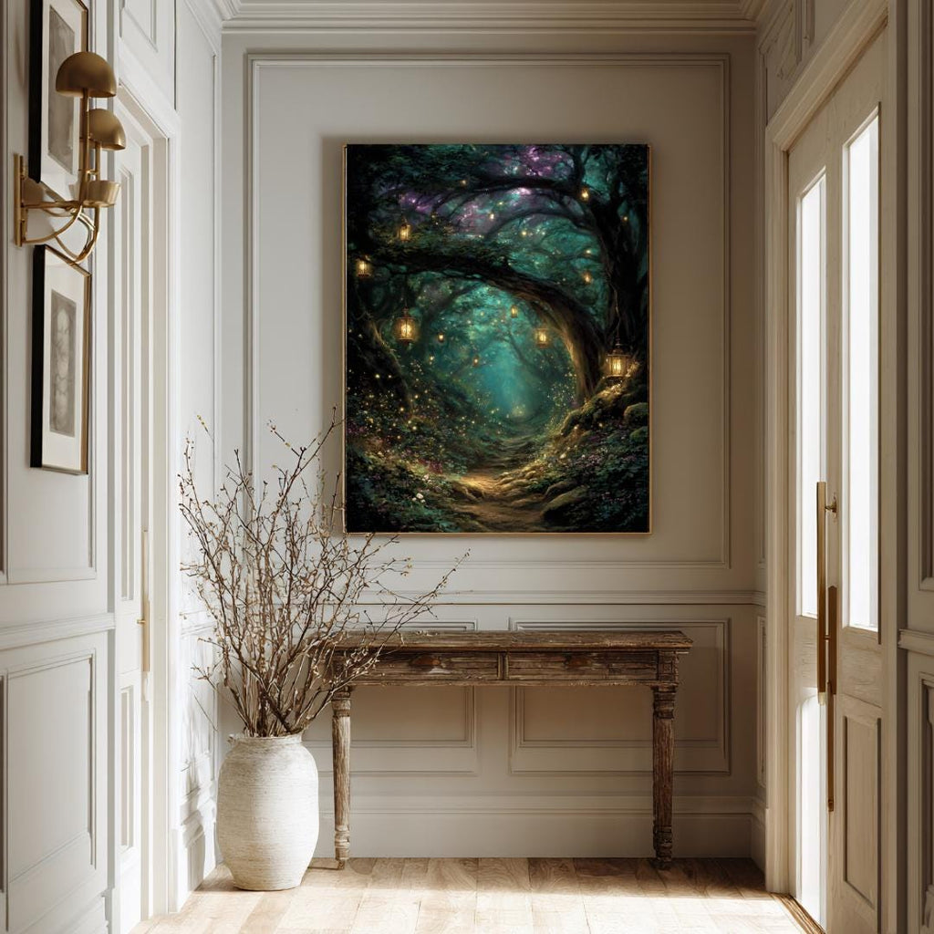 Enchanted Forest Wall Art Print, Teal Fairy Lantern Woodland Decor, Magical Dark Academia Artwork