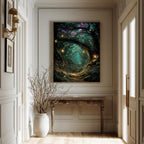 Enchanted Forest Wall Art Print, Teal Fairy Lantern Woodland Decor, Magical Dark Academia Artwork