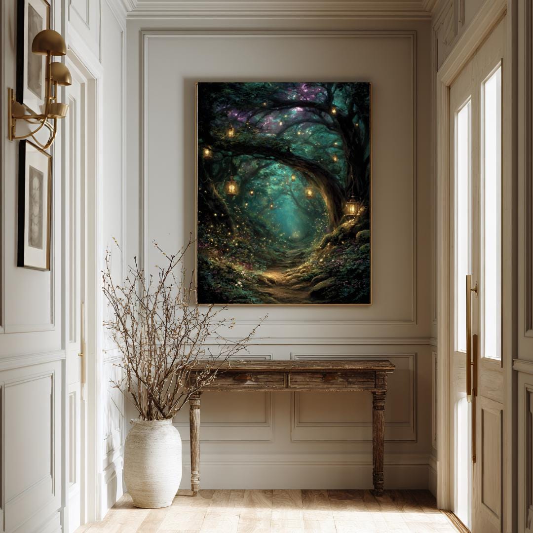 Enchanted Forest Wall Art Print, Teal Fairy Lantern Woodland Decor, Magical Dark Academia Artwork