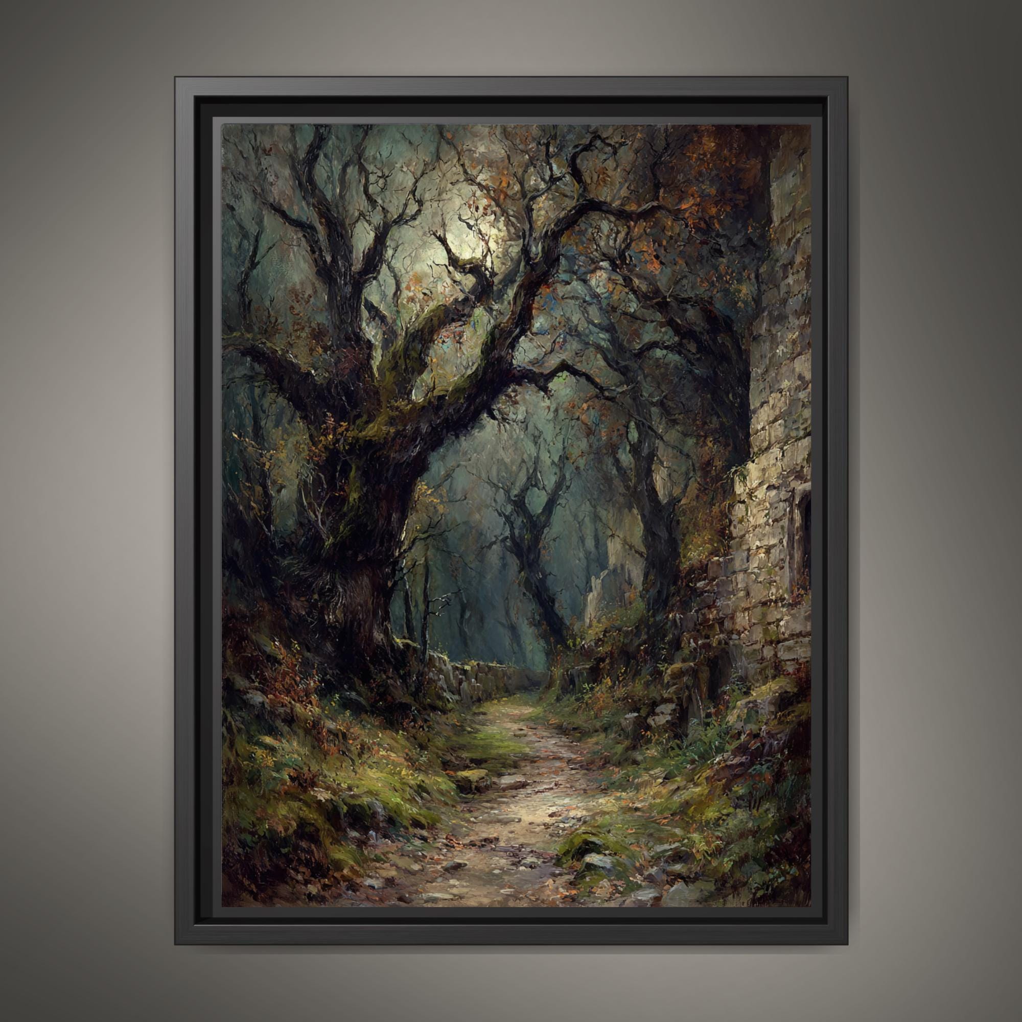 Gothic Forest Moonlit Path Print, Dark Moody Nature Wall Art Painting Main image
