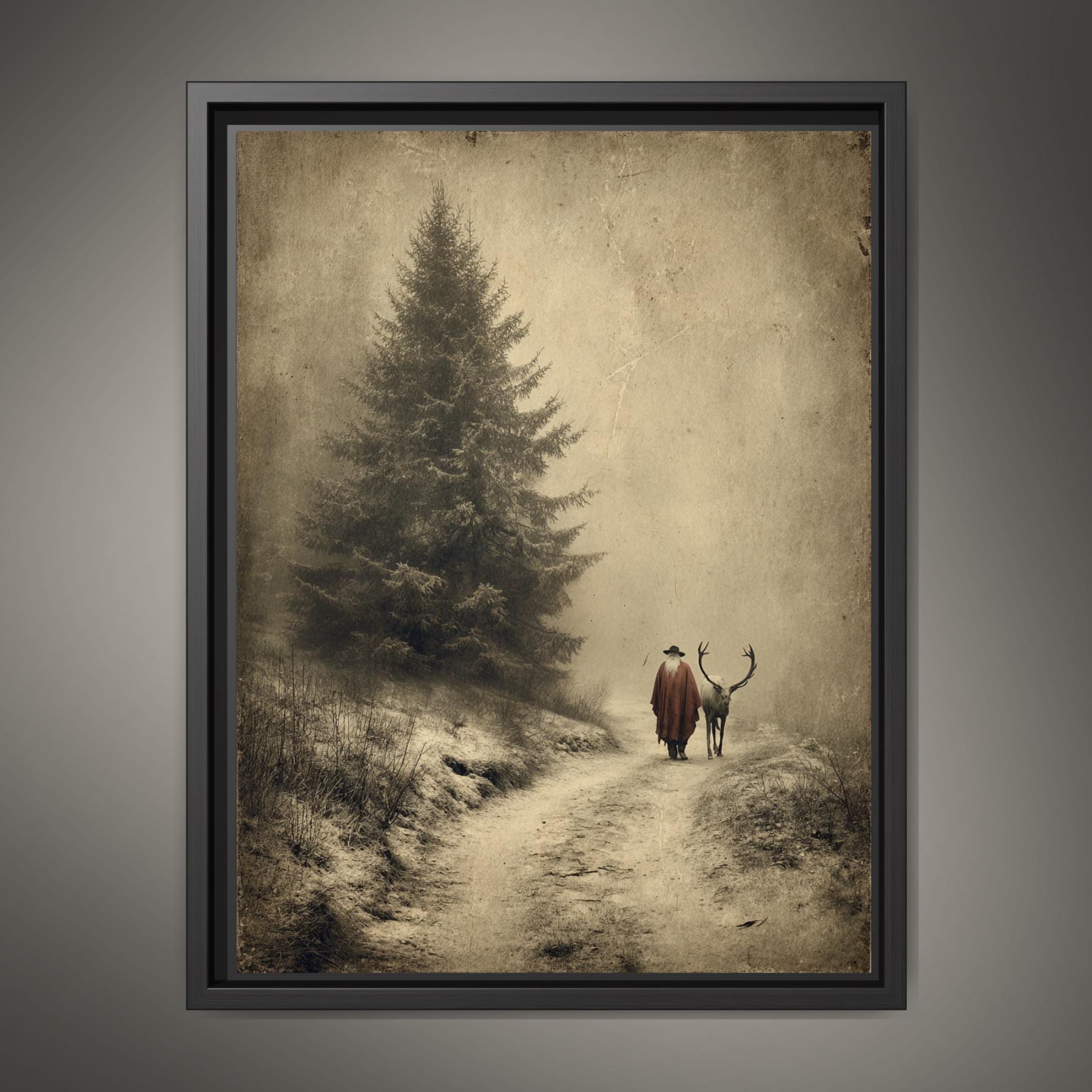 Father Christmas with Reindeer Wall Art Print, Vintage Winter Forest Scene Painting Main image