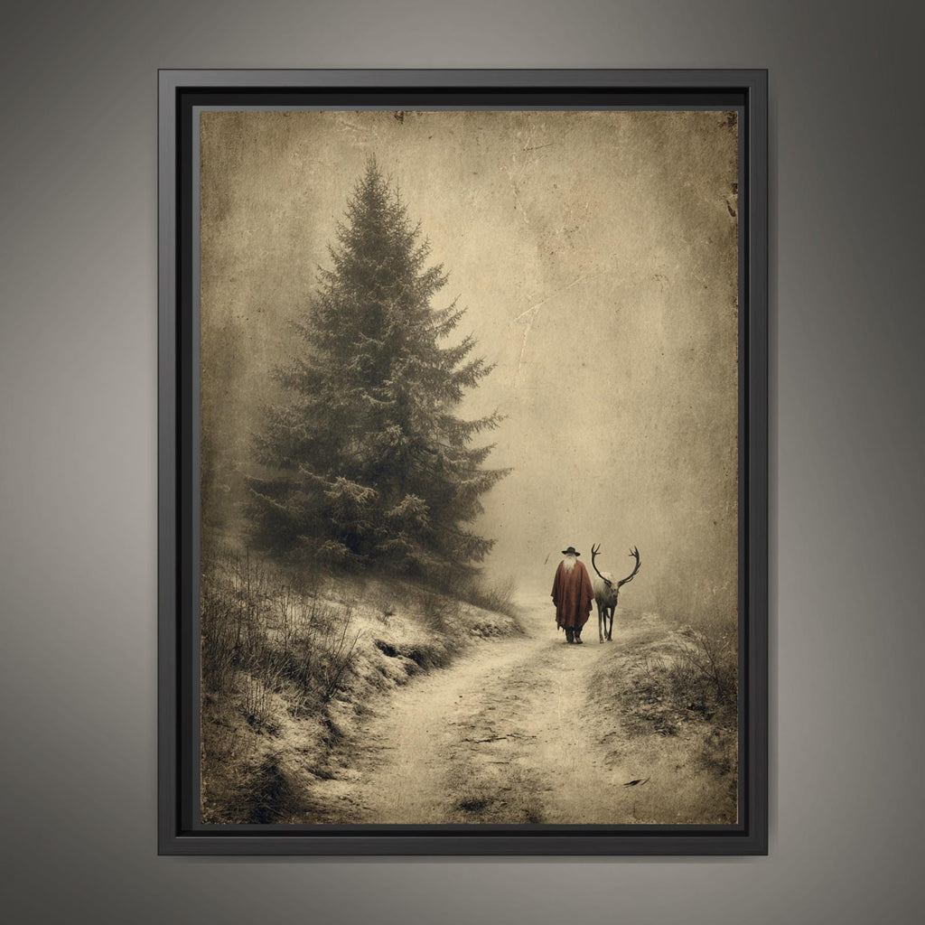 Father Christmas with Reindeer Wall Art Print, Vintage Winter Forest Scene Painting