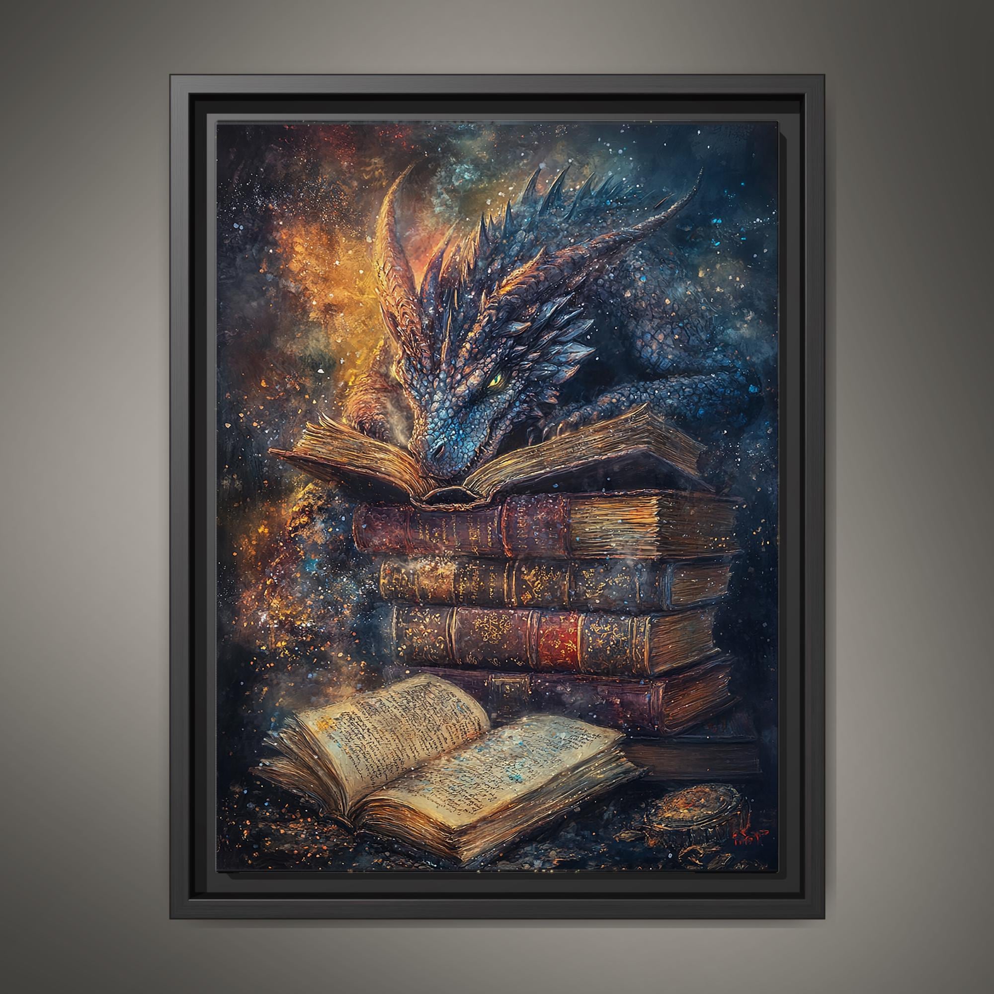 Fantasy Dragon Book Print, Mystical Serpent Wall Art Decor, Dark Academia Painting