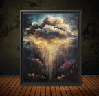Golden Cloudburst Art Print, Abstract Stormy Sky, Moody Sky Cloudscape Oil Painting Style Decor