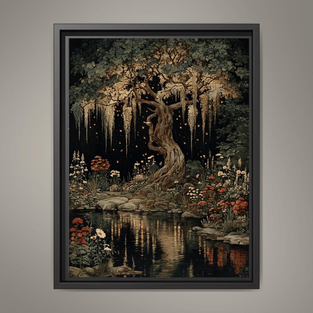Moonlit Enchanted  Wisteria Tree Print, Dark Academia Willliam Morris Style Forest Art Main image