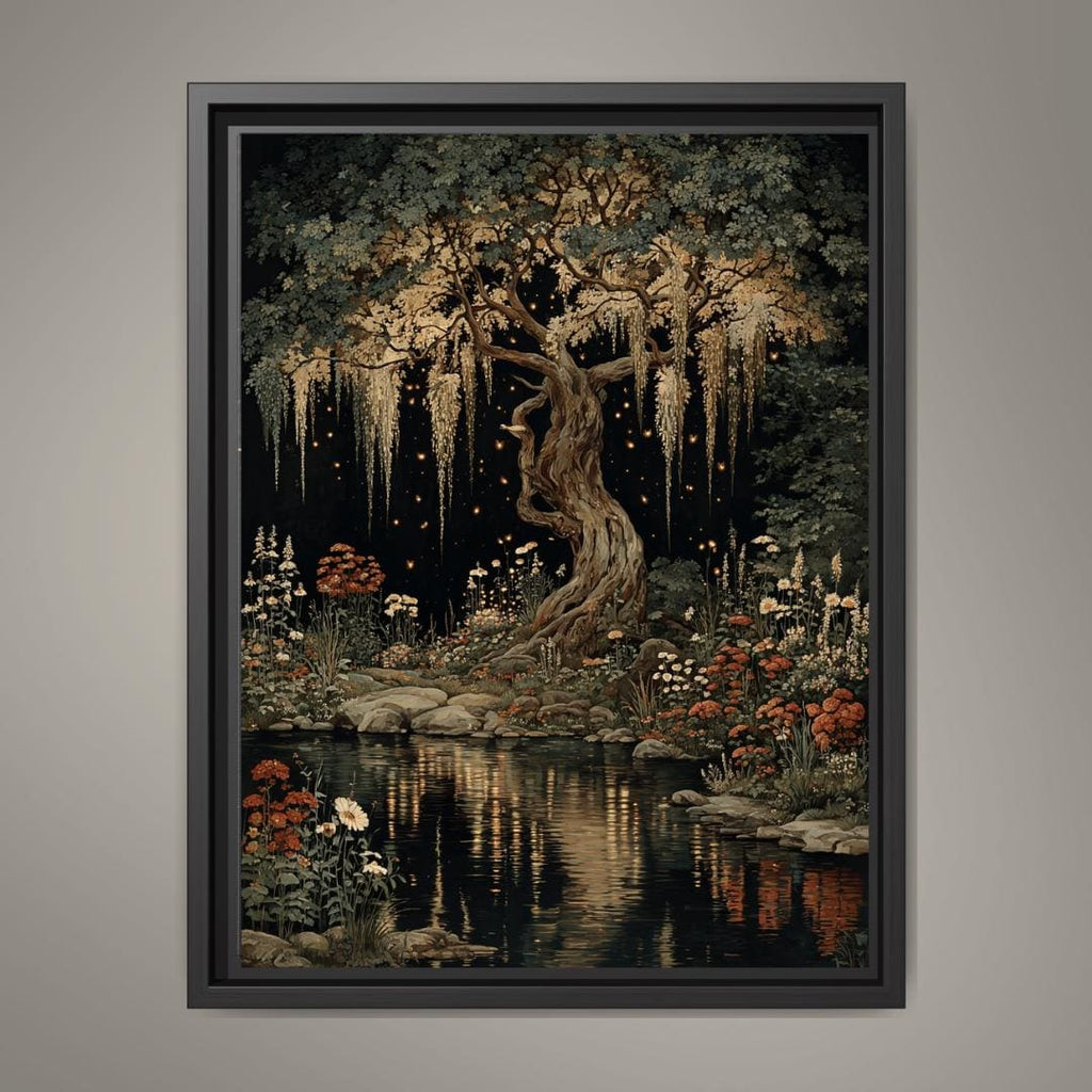 Moonlit Enchanted  Wisteria Tree Print, Dark Academia Willliam Morris Style Forest Art