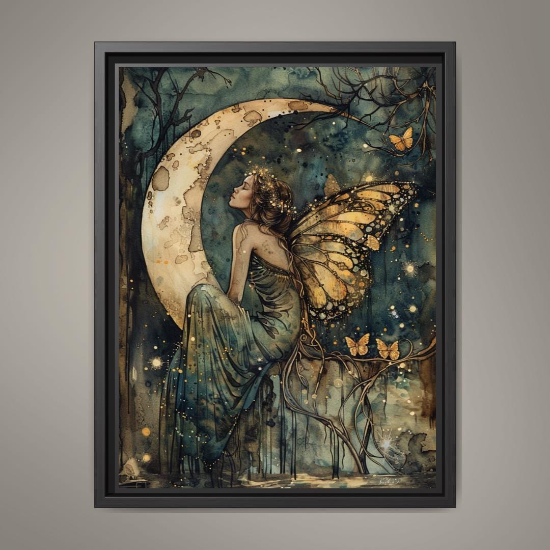 Butterfly Wing Fairy Moon Art Print, Whimsical Woodland Nursery Illustration Kids Decor Main image