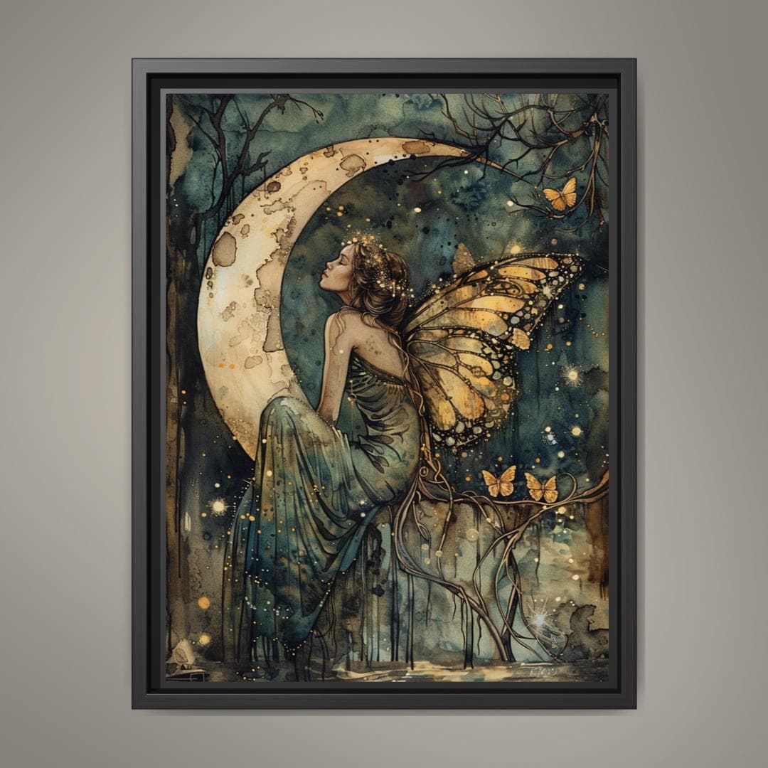 Butterfly Wing Fairy Moon Art Print, Whimsical Woodland Nursery Illustration Kids Decor Main image