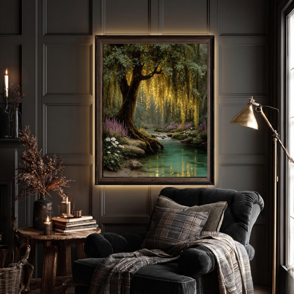 Enchanted Weeping Willow Firefly Print William Morris Inspired Fantasy Golden Tree Reflections on Water