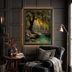 Enchanted Weeping Willow Firefly Print William Morris Inspired Fantasy Golden Tree Reflections on Water