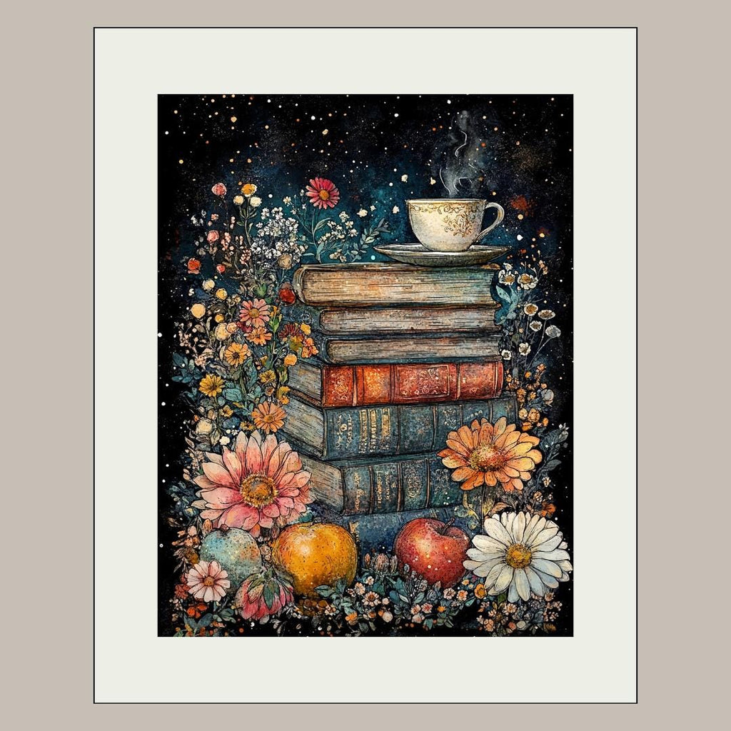 Floral Stack of Books with Coffee Still Life Print, Dark Academia Wall Art illustration