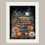 Floral Stack of Books with Coffee Still Life Print, Dark Academia Wall Art illustration