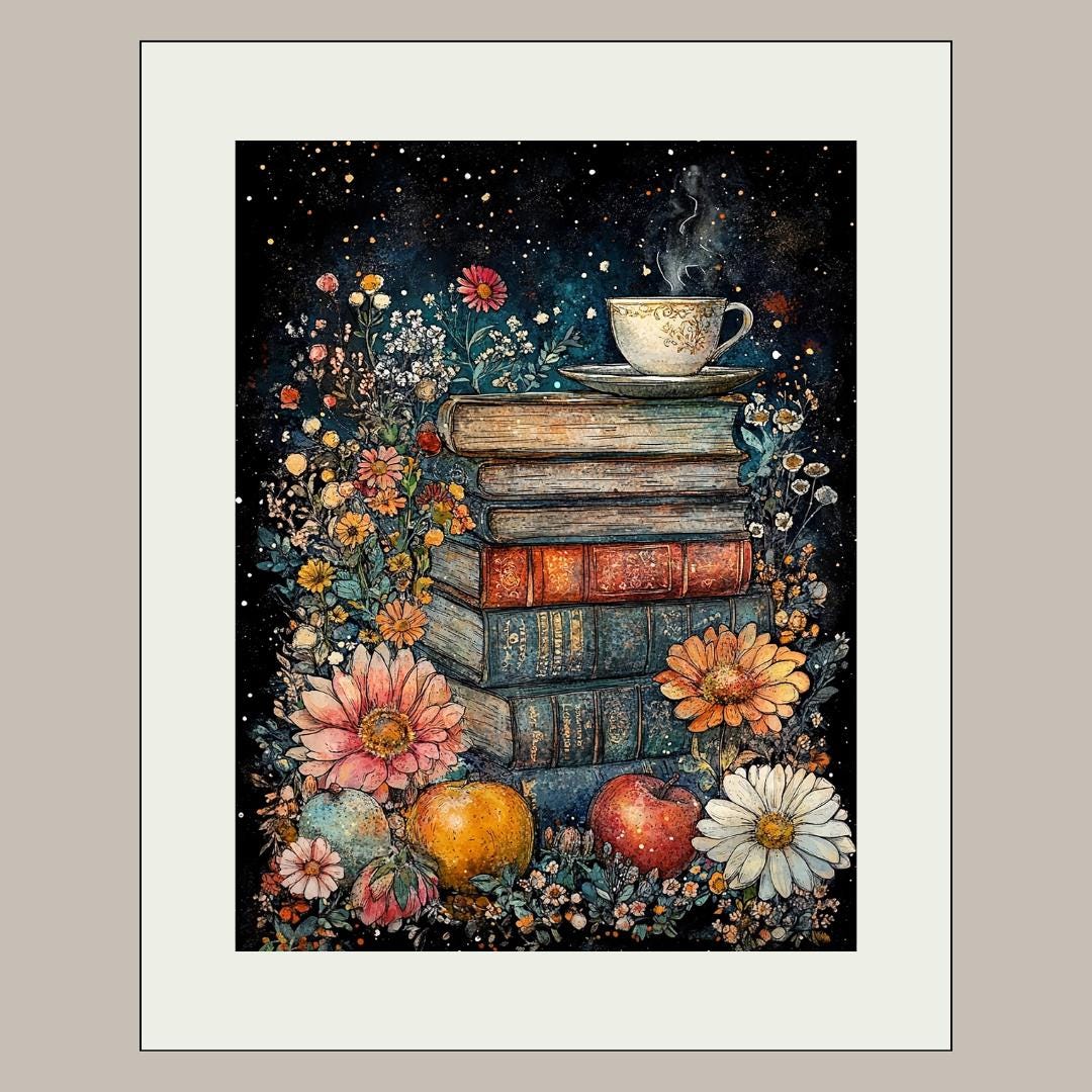 Floral Stack of Books with Coffee Still Life Print, Dark Academia Wall Art illustration