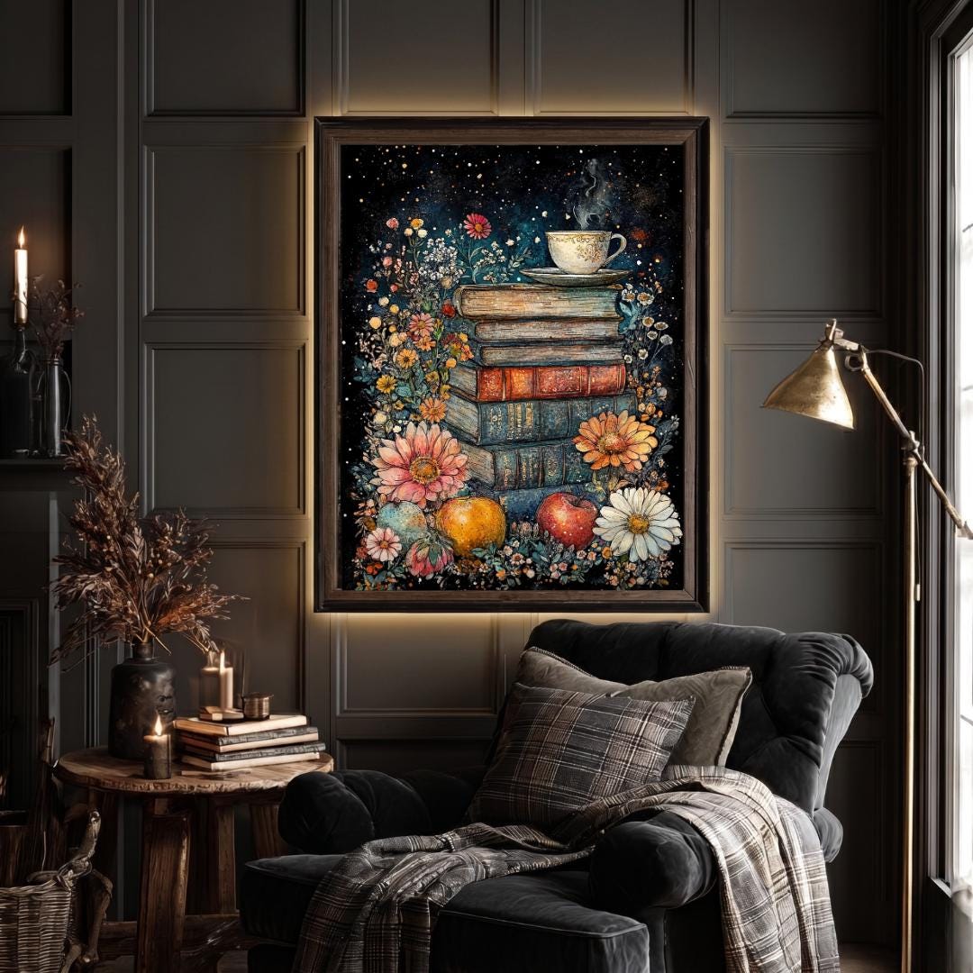 Floral Stack of Books with Coffee Still Life Print, Dark Academia Wall Art illustration