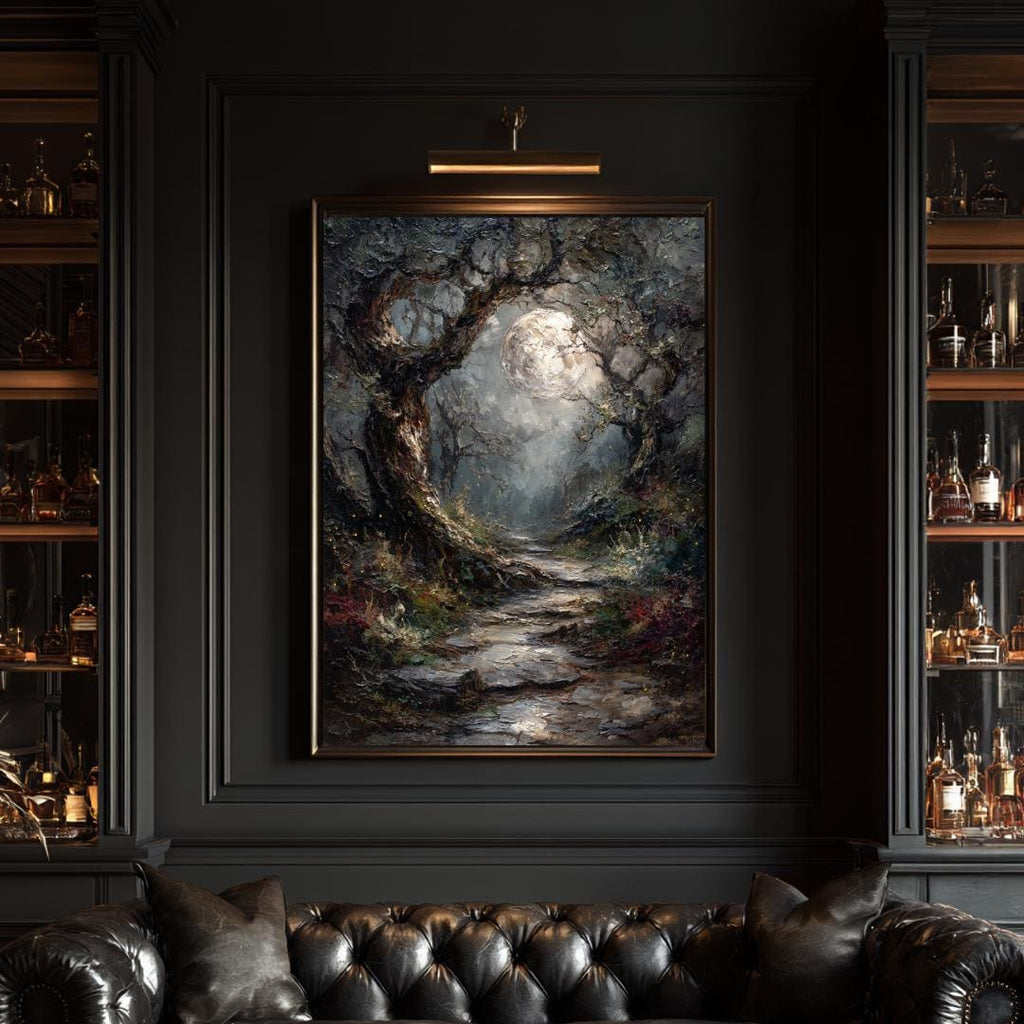 Moonlit Forest Print: Gothic Fantasy Enchanted Pathway, Fireflies Wall Art