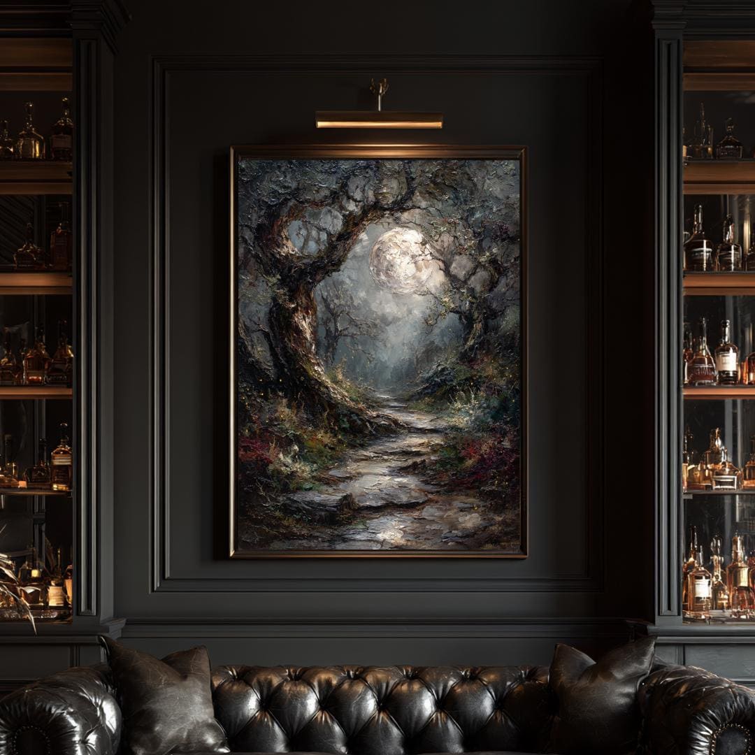 Moonlit Forest Print: Gothic Fantasy Enchanted Pathway, Fireflies Wall Art