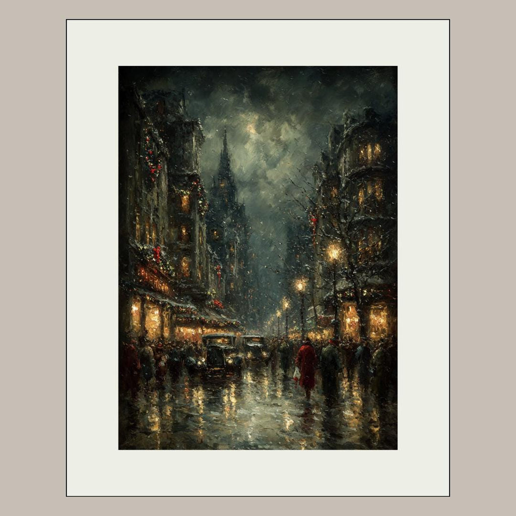 Rainy Night Cityscape Print: Moody Vintage Street Scene Wall Art