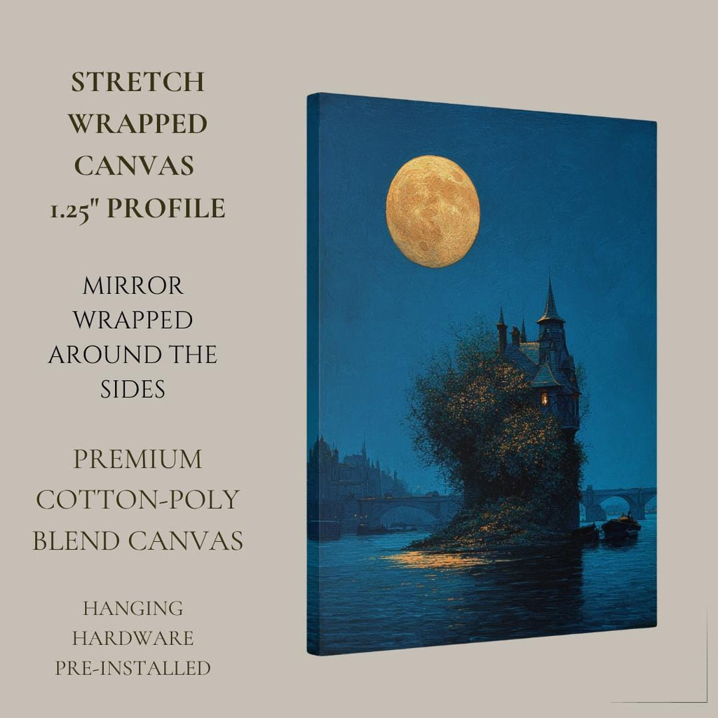 Moonlit Gothic House on River Thames Art Print, Victorian London Wallart, Nighttime Reflections Painting