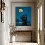 Moonlit Gothic House on River Thames Art Print, Victorian London Wallart, Nighttime Reflections Painting