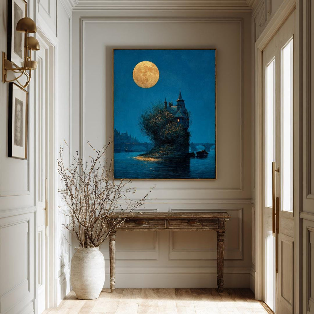 Moonlit Gothic House on River Thames Art Print, Victorian London Wallart, Nighttime Reflections Painting