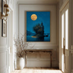 Moonlit Gothic House on River Thames Art Print, Victorian London Wallart, Nighttime Reflections Painting