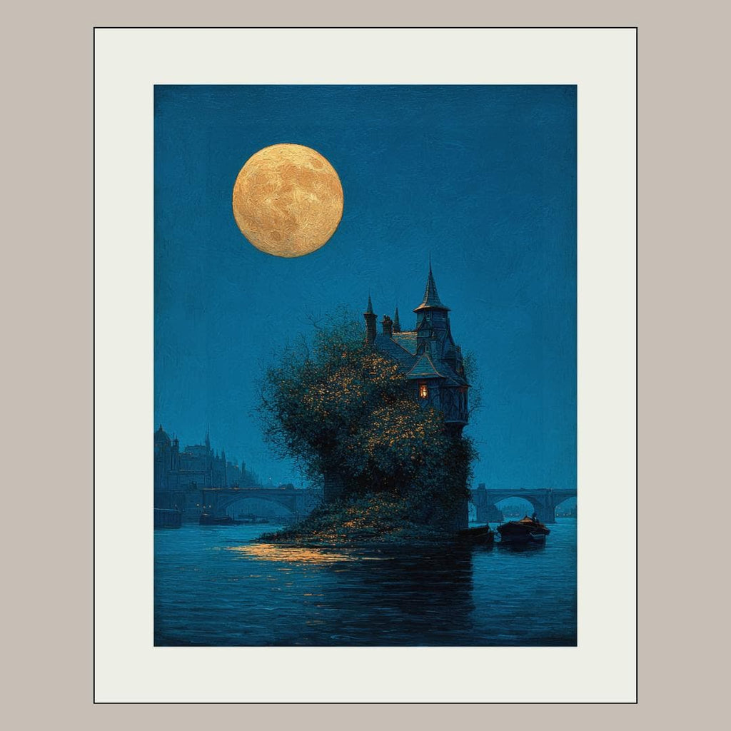 Moonlit Gothic House on River Thames Art Print, Victorian London Wallart, Nighttime Reflections Painting