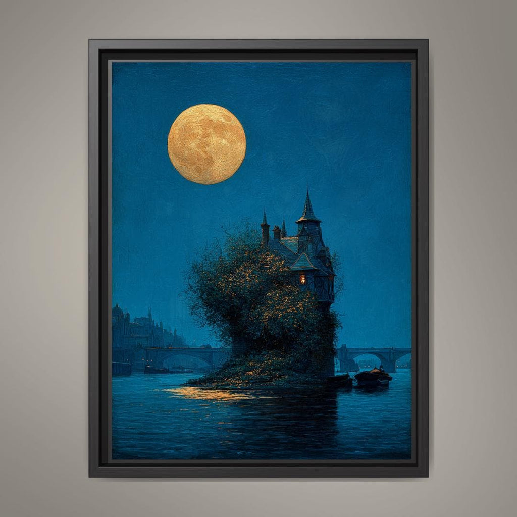 Moonlit Gothic House on River Thames Art Print, Victorian London Wallart, Nighttime Reflections Painting