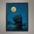 Moonlit Gothic House on River Thames Art Print, Victorian London Wallart, Nighttime Reflections Painting