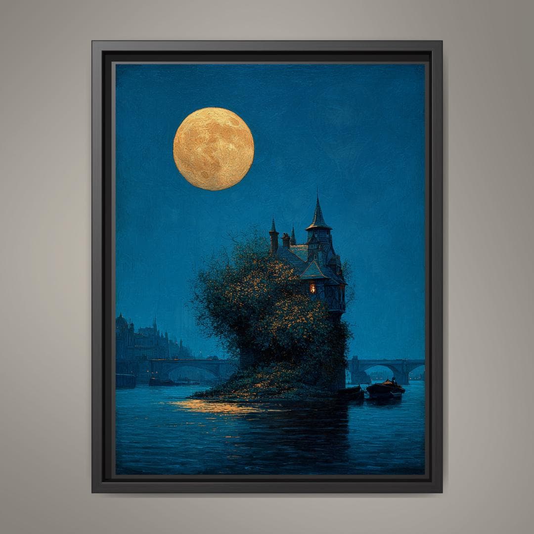 Moonlit Gothic House on River Thames Art Print, Victorian London Wallart, Nighttime Reflections Painting