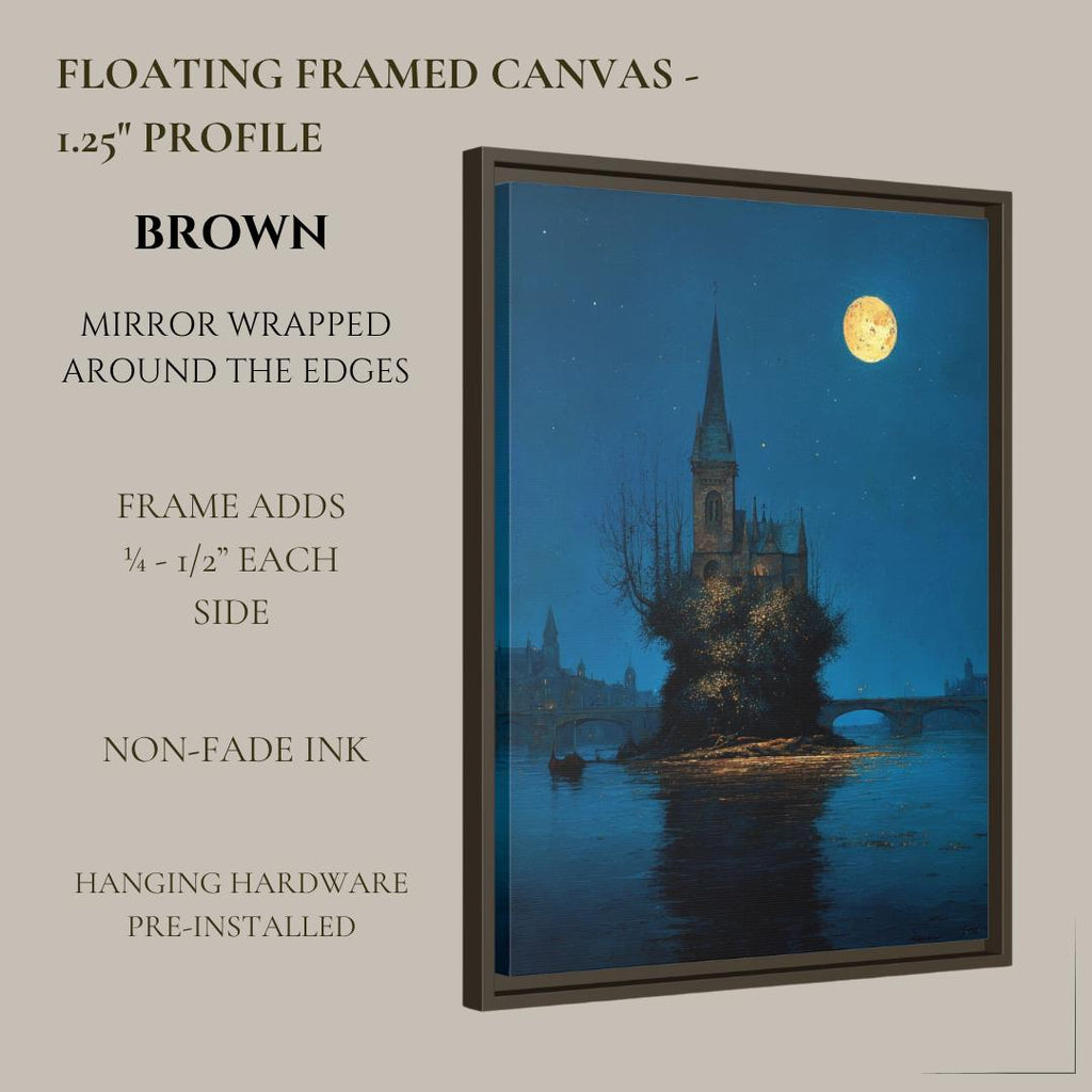 Moonlit Gothic Church Art Print, Victorian London River Wallart, Moonlight Reflections Painting