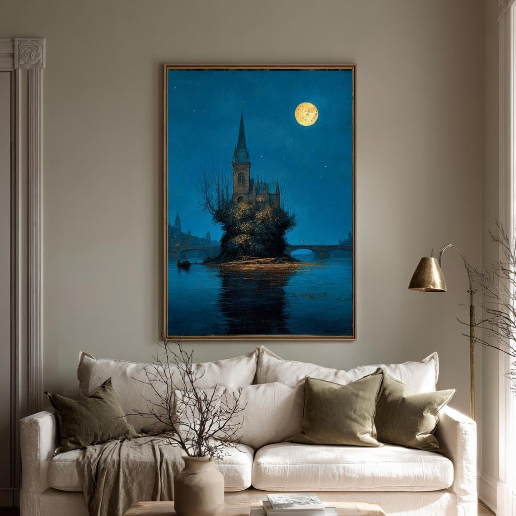 Moonlit Gothic Church Art Print, Victorian London River Wallart, Moonlight Reflections Painting