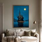 Moonlit Gothic Church Art Print, Victorian London River Wallart, Moonlight Reflections Painting