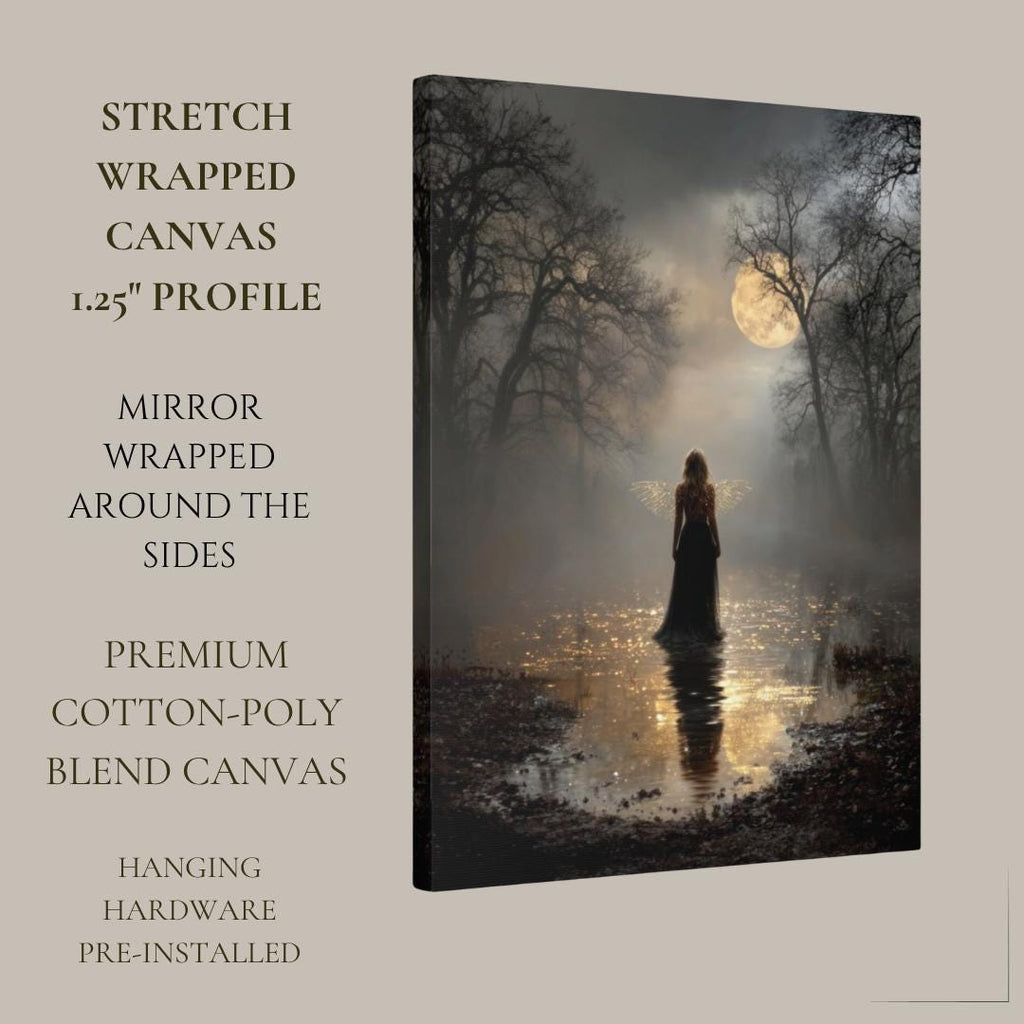 Dark Fairy Moonlit Enchanted Forest Wall Art Print, Gothic Fantasy Fae Golden Wings Artwork