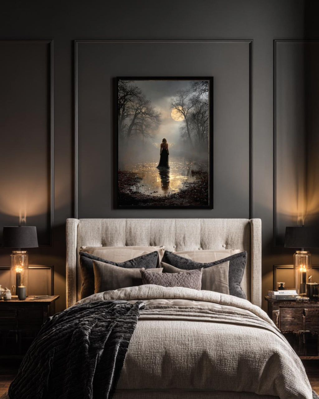 Dark Fairy Moonlit Enchanted Forest Wall Art Print, Gothic Fantasy Fae Golden Wings Artwork