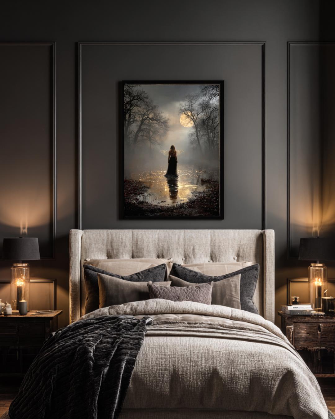 Dark Fairy Moonlit Enchanted Forest Wall Art Print, Gothic Fantasy Fae Golden Wings Artwork